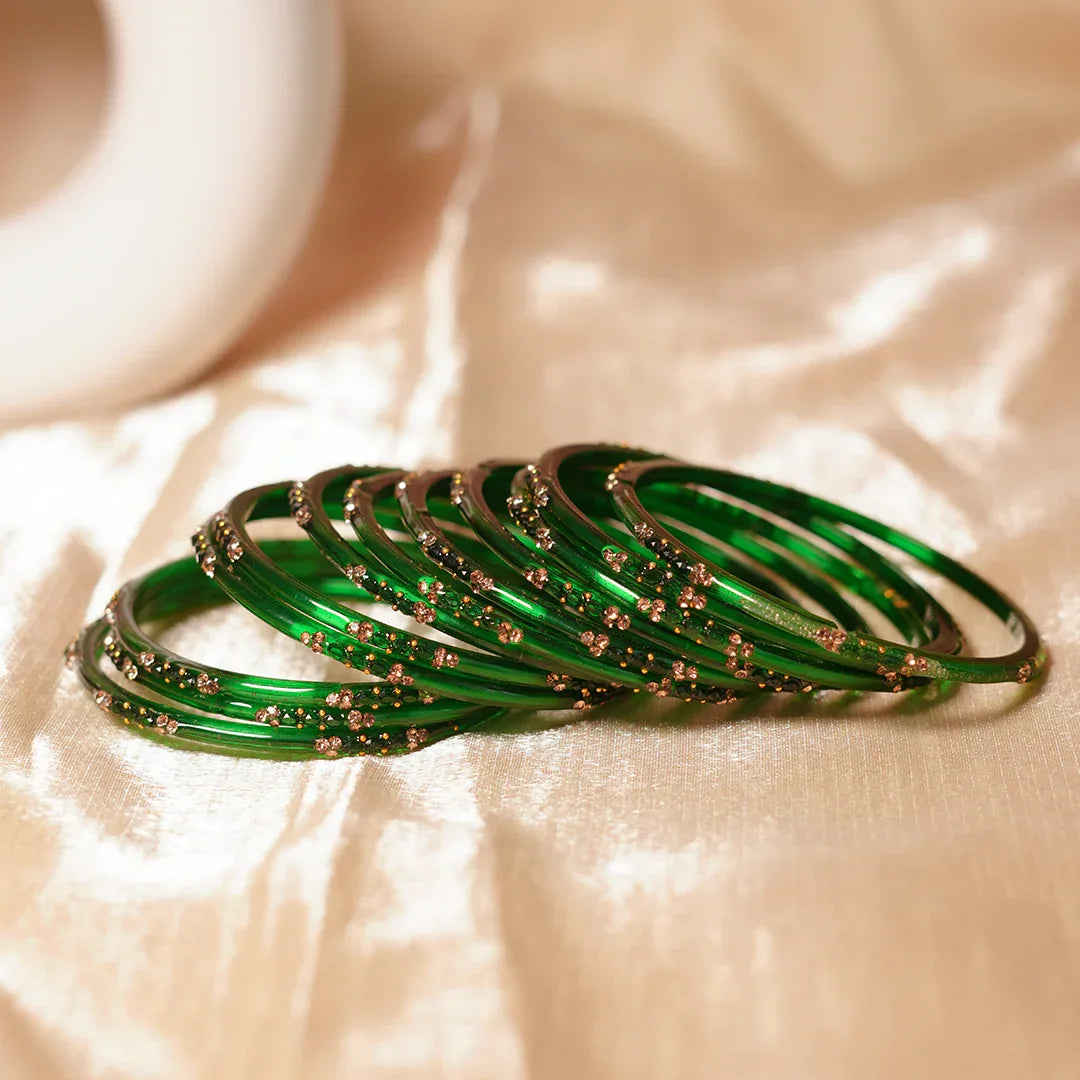 Glass Bangle with Beads Studded for Women & Girls (Pack of 12 Bangles) - The Golden Cascade